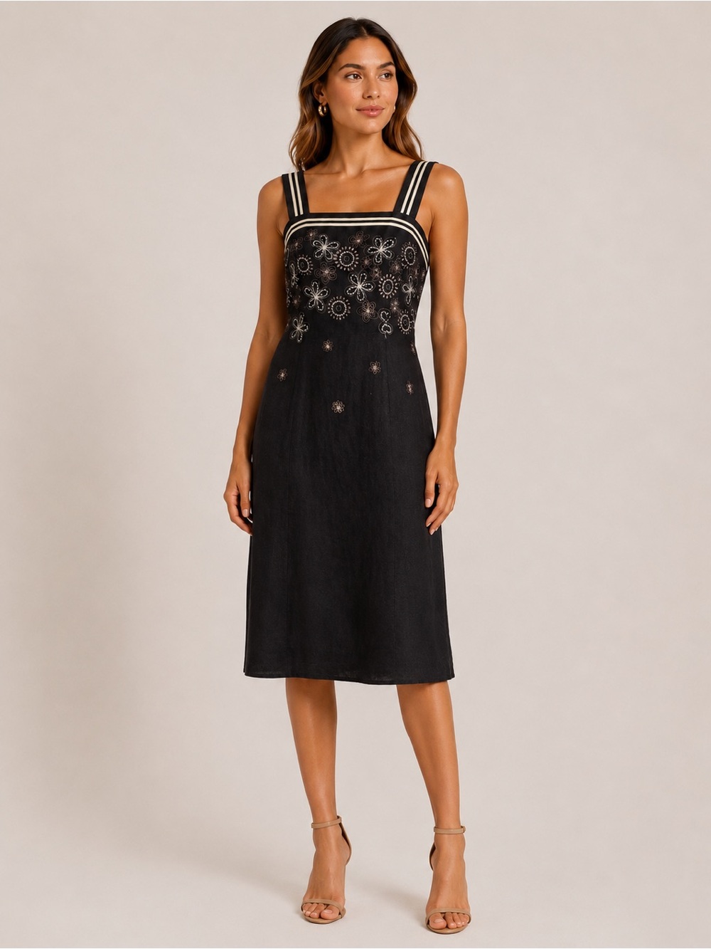 Dressbarn Linen Blend Embroidered Dress Wedding Guest Cocktail Dress Size 8 Y2K
